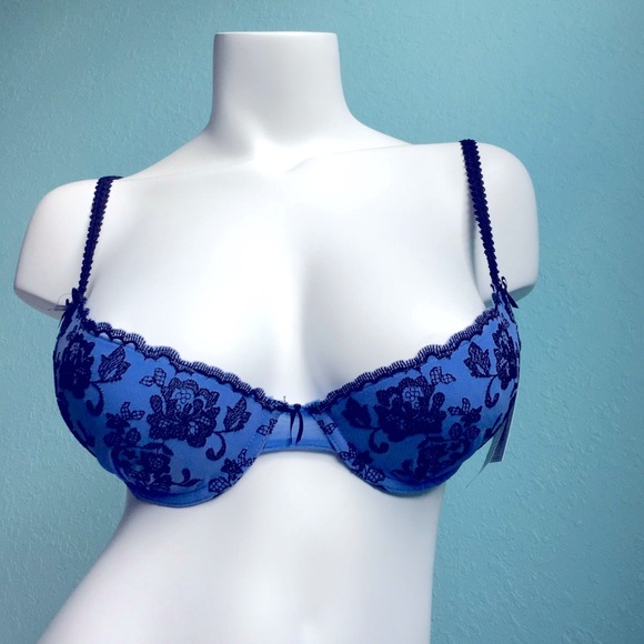 IZA Push-up‎ Padded Periwinkle & Black Floral Embroidered Mesh Overlay Bra NWT - Picture 5 of 13